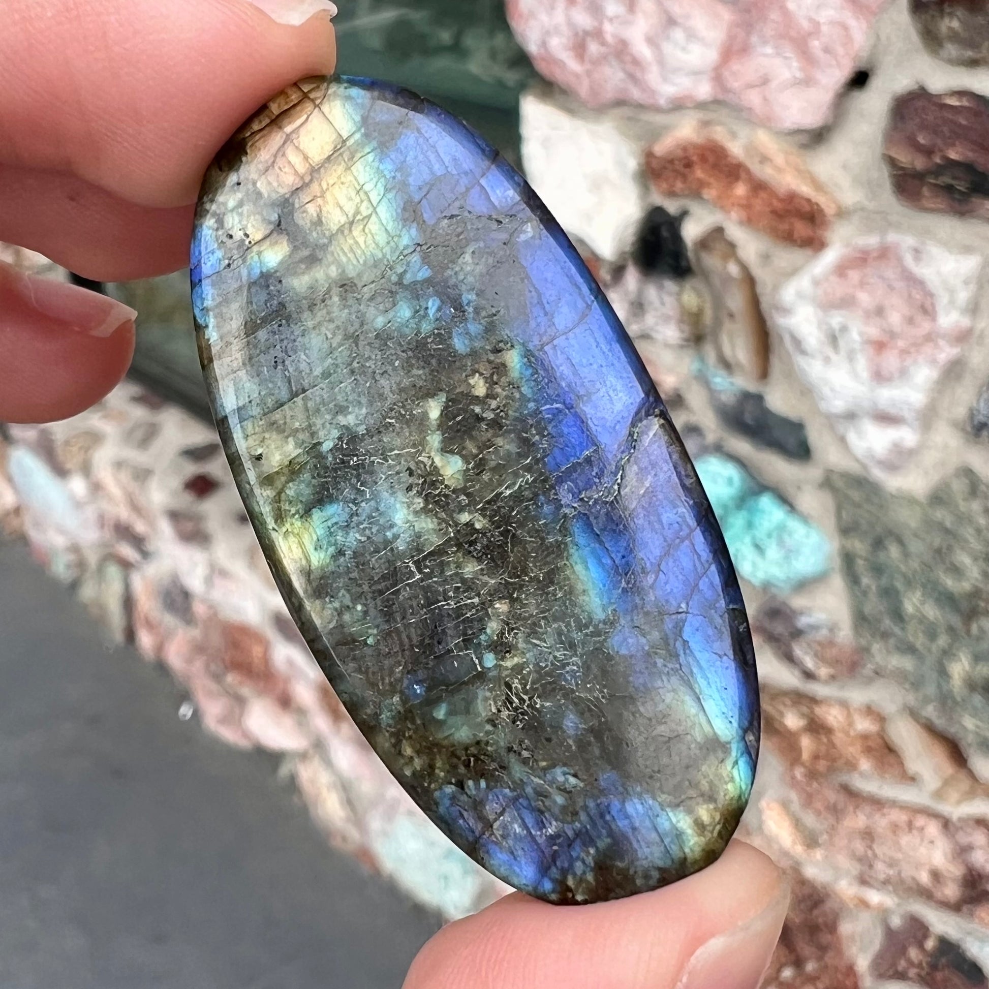 A loose, oval cabochon cut labradorite stone.  The stone is green with bright blue and yellow flashes.