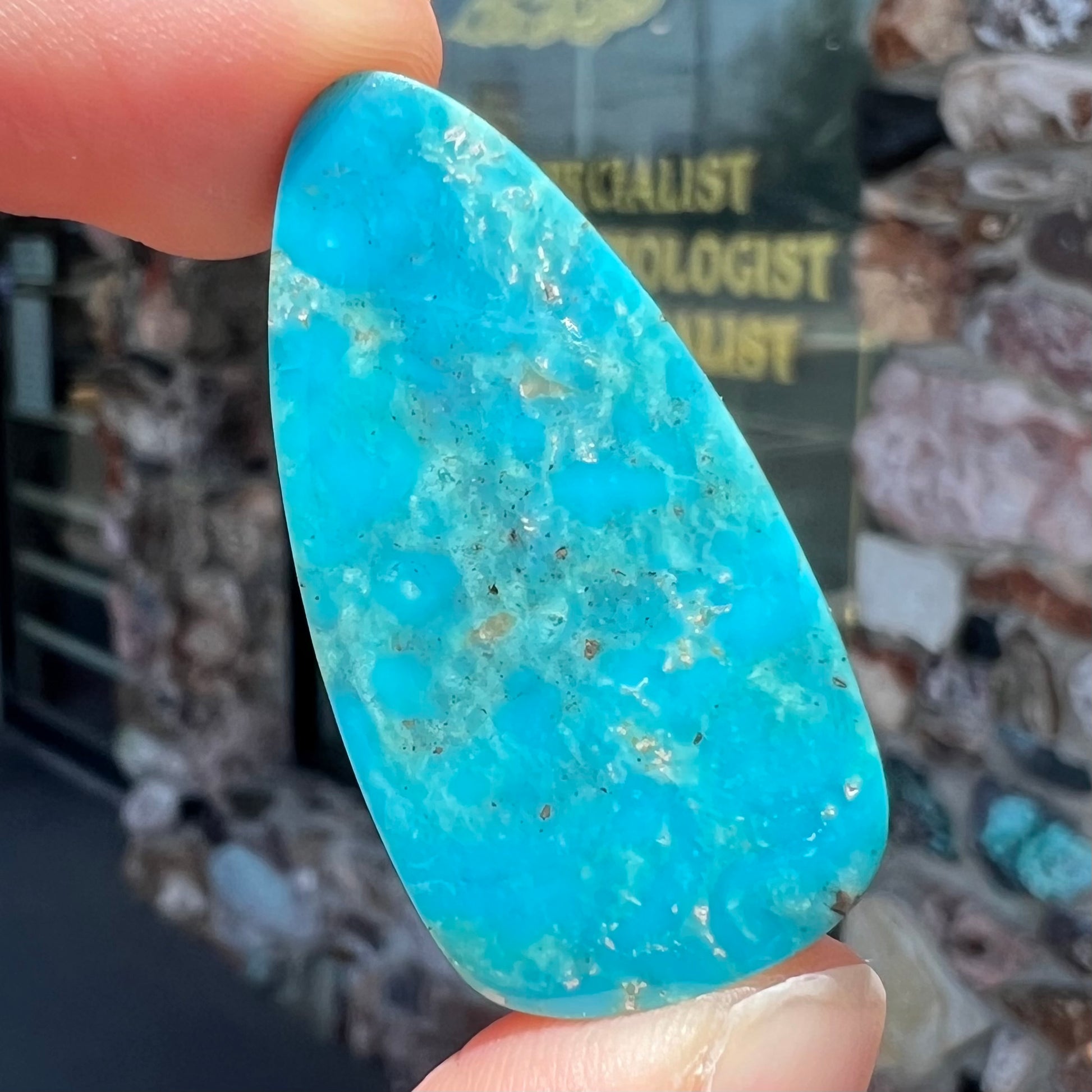 A loose, pear shaped Morenci turquoise cabochon.  The stone has pyrite inclusions.