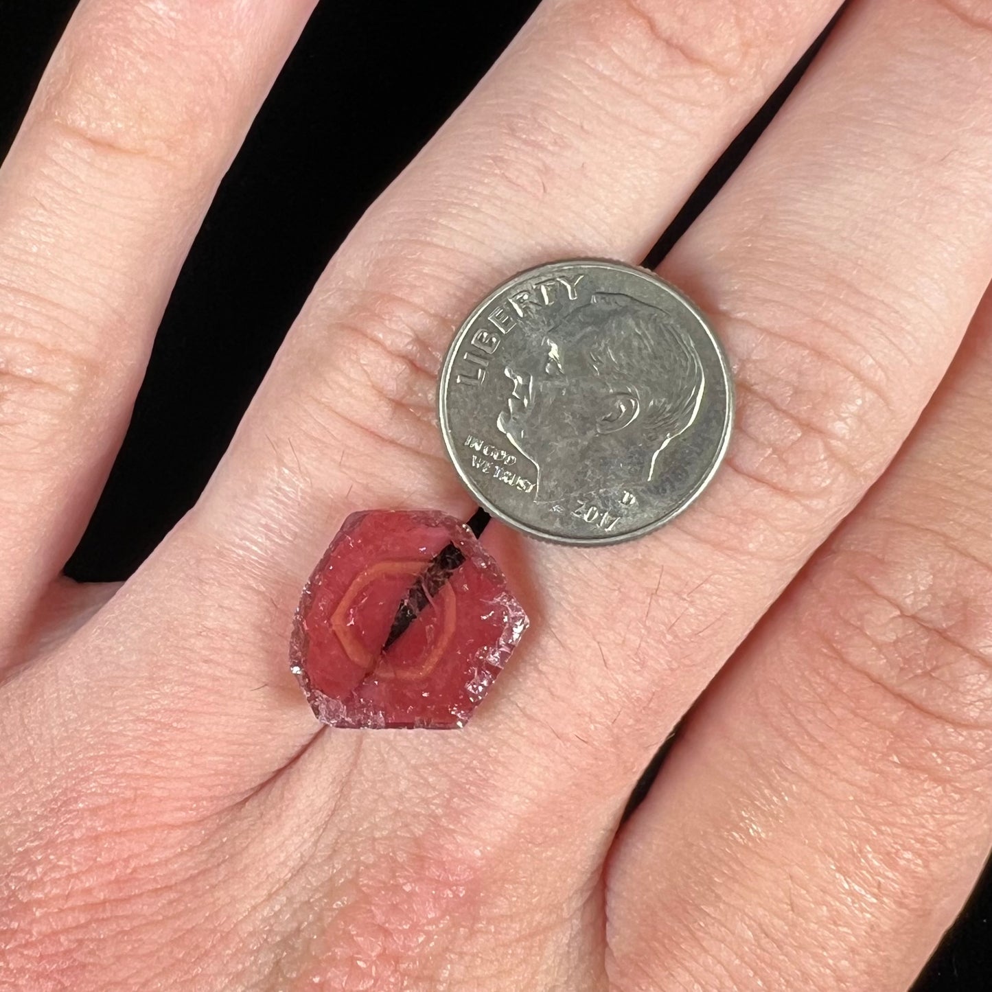 A polished bicolor pink tourmaline crystal slice.