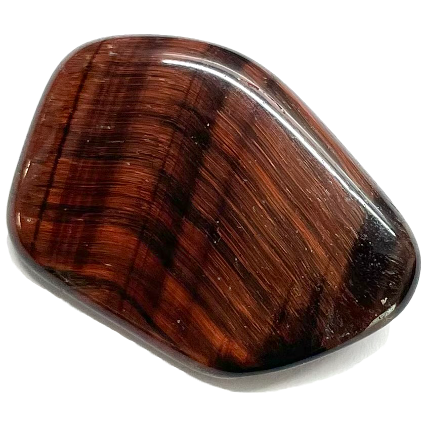 A tumbled red tiger's eye stone.  The stone is rootbeer brown.