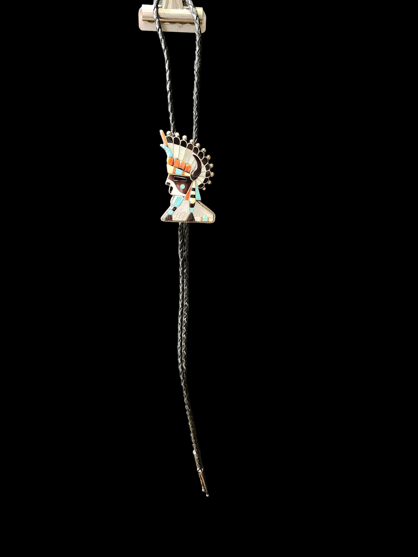 Vintage Zuni | Horned Headdress Inlay Bolo Tie | Sterling Silver