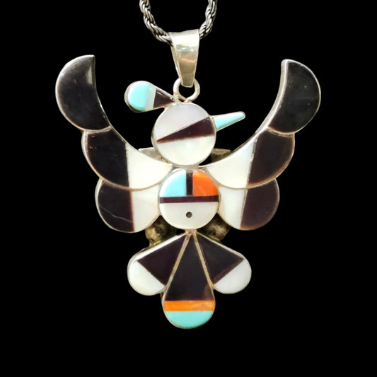 Zuni | Artist FYC Zuni | Thunderbird Inlay Pendant  (Modified Bolo Tie) | Sterling Silver