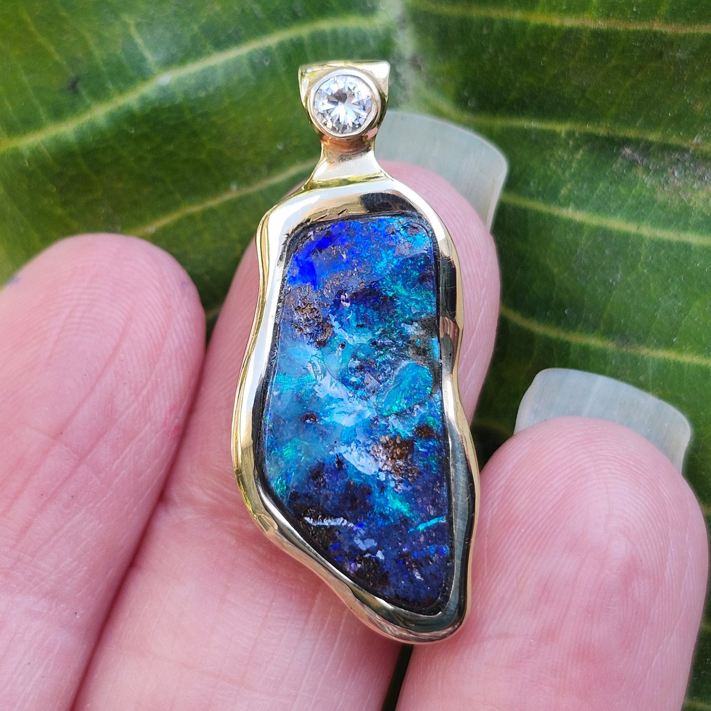 Ripa | Quilpie Queensland Boulder Opal and Diamond Pendant | Custom Made | 14kt Yellow Gold
