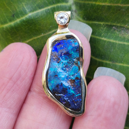 Ripa | Quilpie Queensland Boulder Opal and Diamond Pendant | Custom Made | 14kt Yellow Gold