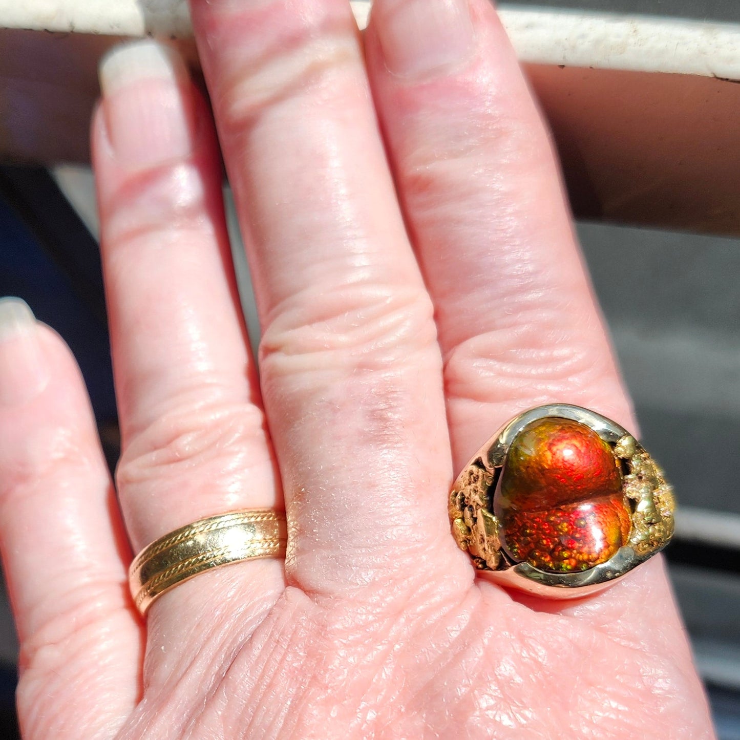 Eternal Flame | Men's 25.36 Gram Fire Agate and Gold Nugget Ring | 14kt