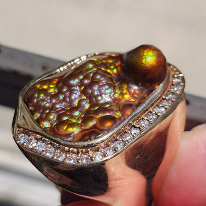 Legacy | 44.30 Gram Custom Fire Agate and Diamond Ring | 14kt Yellow Gold