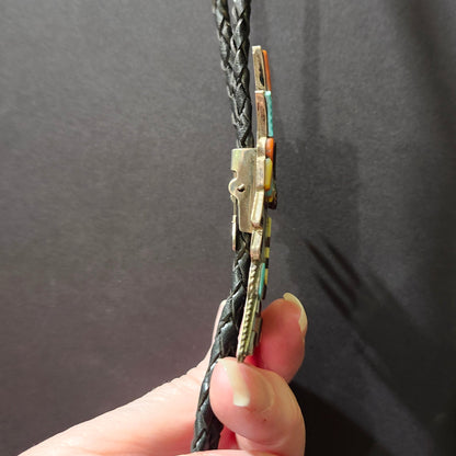 Vintage Zuni | Horned Headdress Inlay Bolo Tie | Sterling Silver