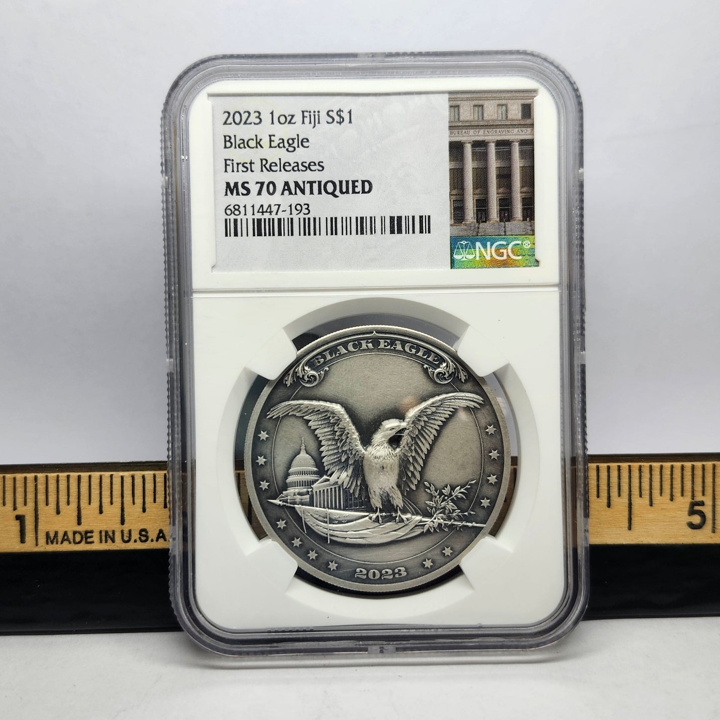 2023 Fiji MS70 ANTIQUED $1 Black Eagle Collectible Coin | Fine Silver | #8