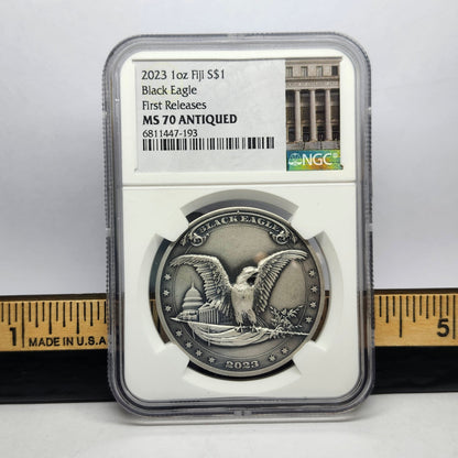 2023 Fiji MS70 ANTIQUED $1 Black Eagle Collectible Coin | Fine Silver | #8