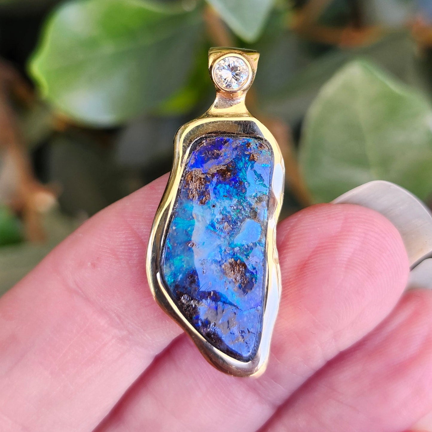Ripa | Quilpie Queensland Boulder Opal and Diamond Pendant | Custom Made | 14kt Yellow Gold