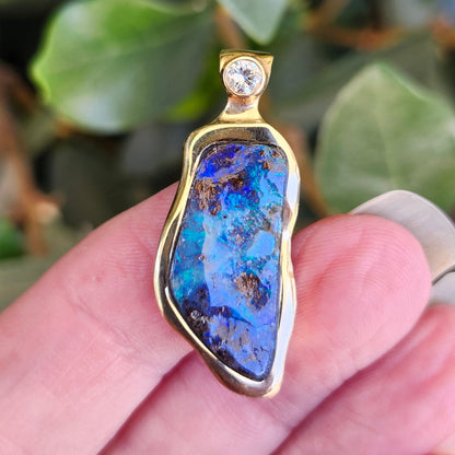 Ripa | Quilpie Queensland Boulder Opal and Diamond Pendant | Custom Made | 14kt Yellow Gold