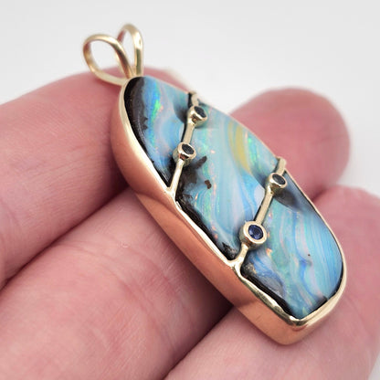Raya | Quilpie Queensland Boulder Opal and Blue Sapphire Pendant | Custom | 14kt Yellow Gold