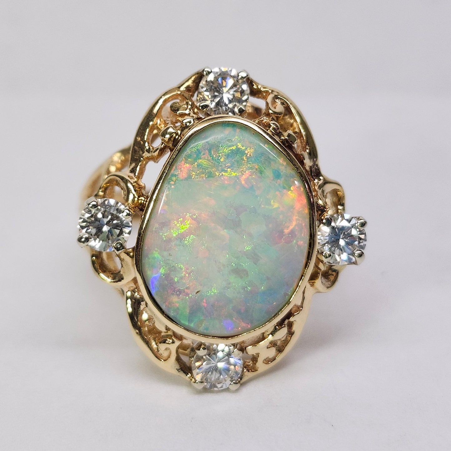 Claire | Coober Pedy Australian Crystal Opal & Diamond Ring | Estate | 14kt Yellow Gold