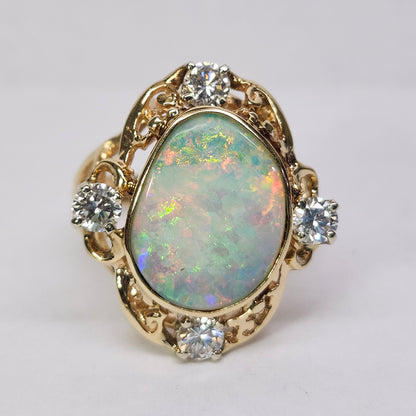 Claire | Coober Pedy Australian Crystal Opal & Diamond Ring | Estate | 14kt Yellow Gold