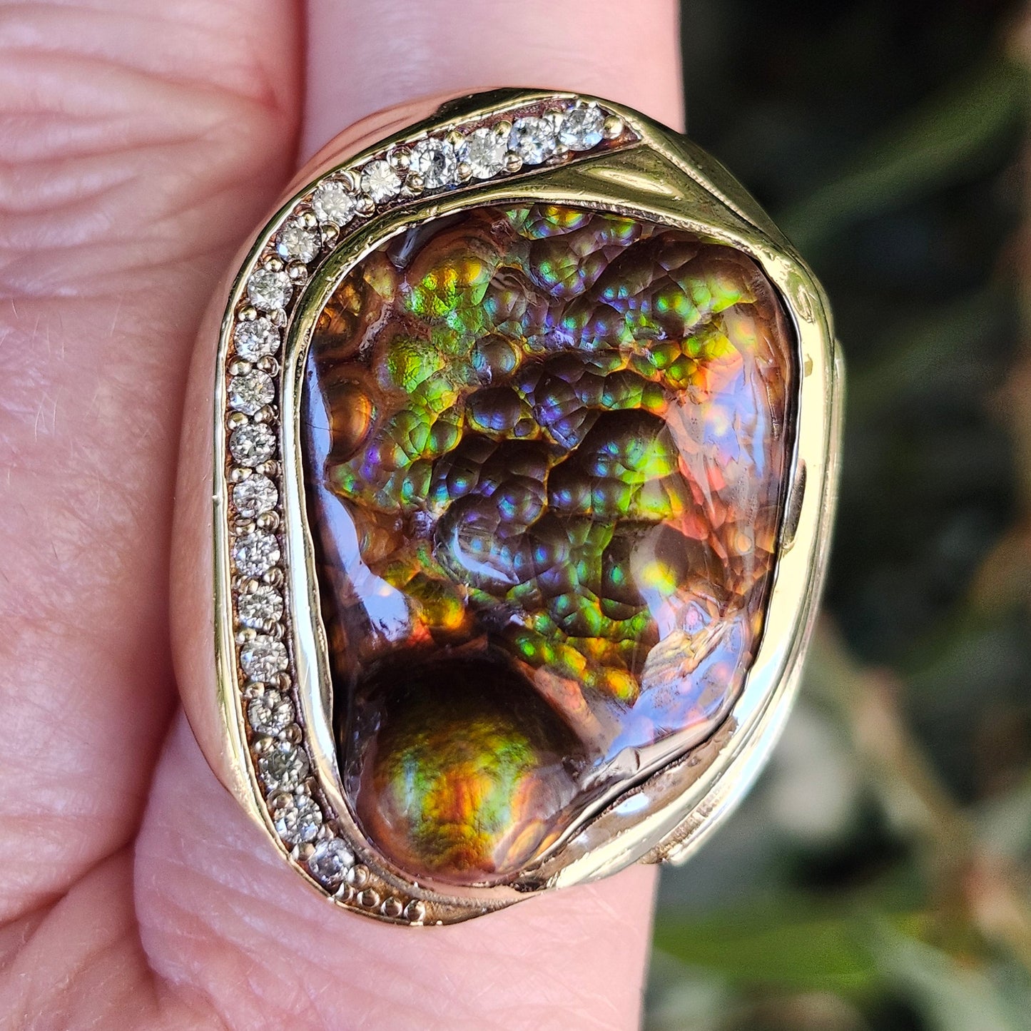 Legacy | 44.30 Gram Custom Fire Agate and Diamond Ring | 14kt Yellow Gold