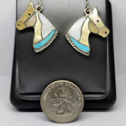 Zuni | Artist Juan Qualo | Horse Head Inlay Bolo Tip Earrings | Sterling Silver