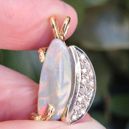 Luna | Lightning Ridge Semi-Black Opal and Diamond Pendant | Two Tone Custom Made | 14kt