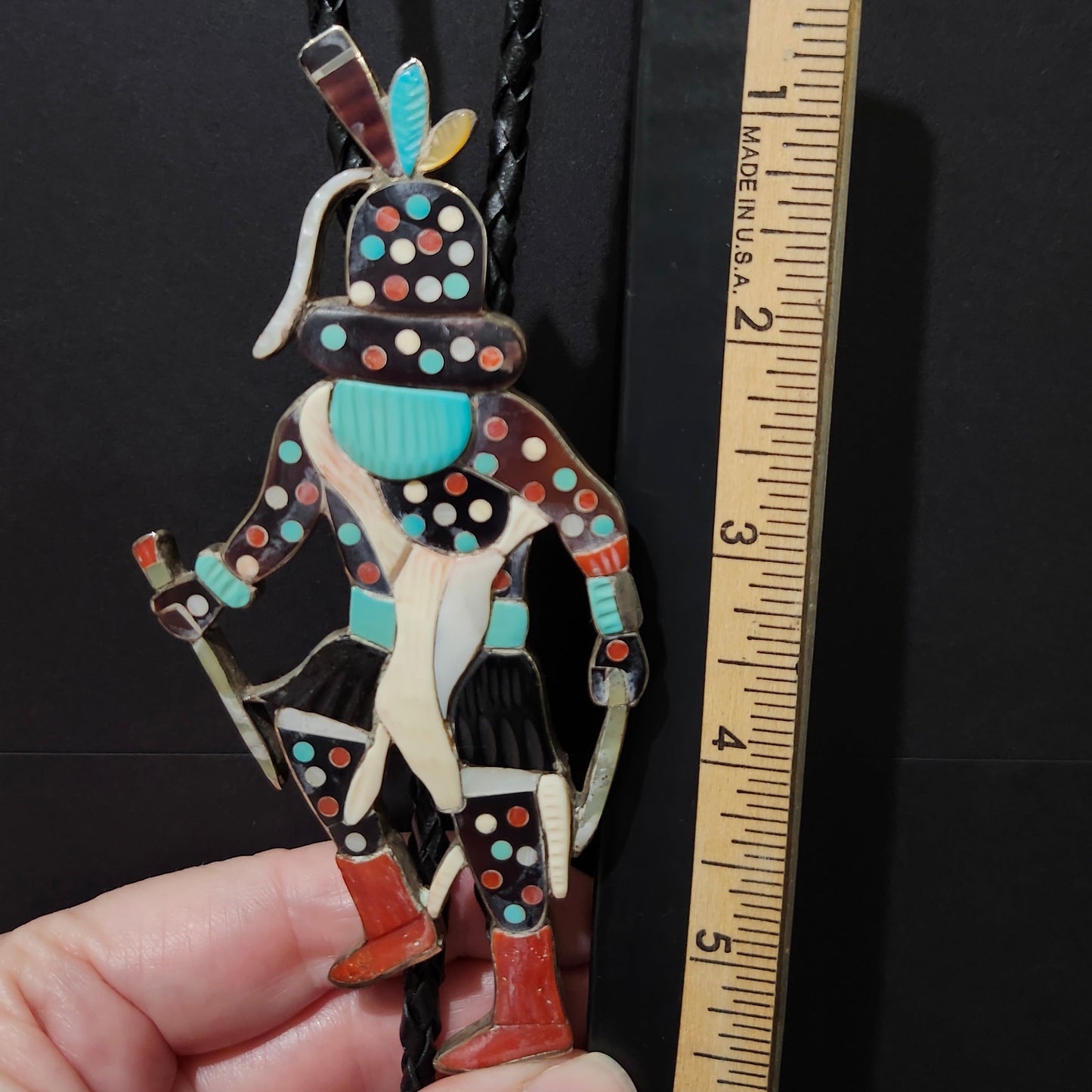 Zuni | Artist Edward Albert Beyuka | Kachina Inlay Bolo Tie | Vintage c.1950's | Sterling Silver