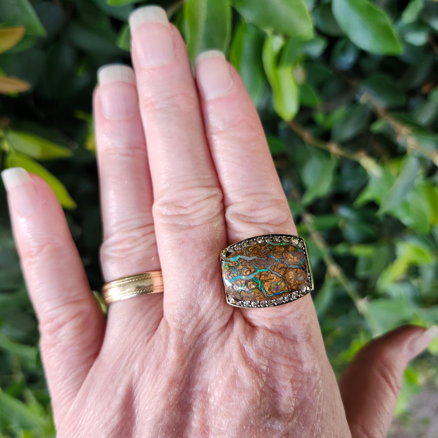 Harper | 11.82ct Koroit Boulder Opal and Diamond Ring | 14kt Yellow Gold