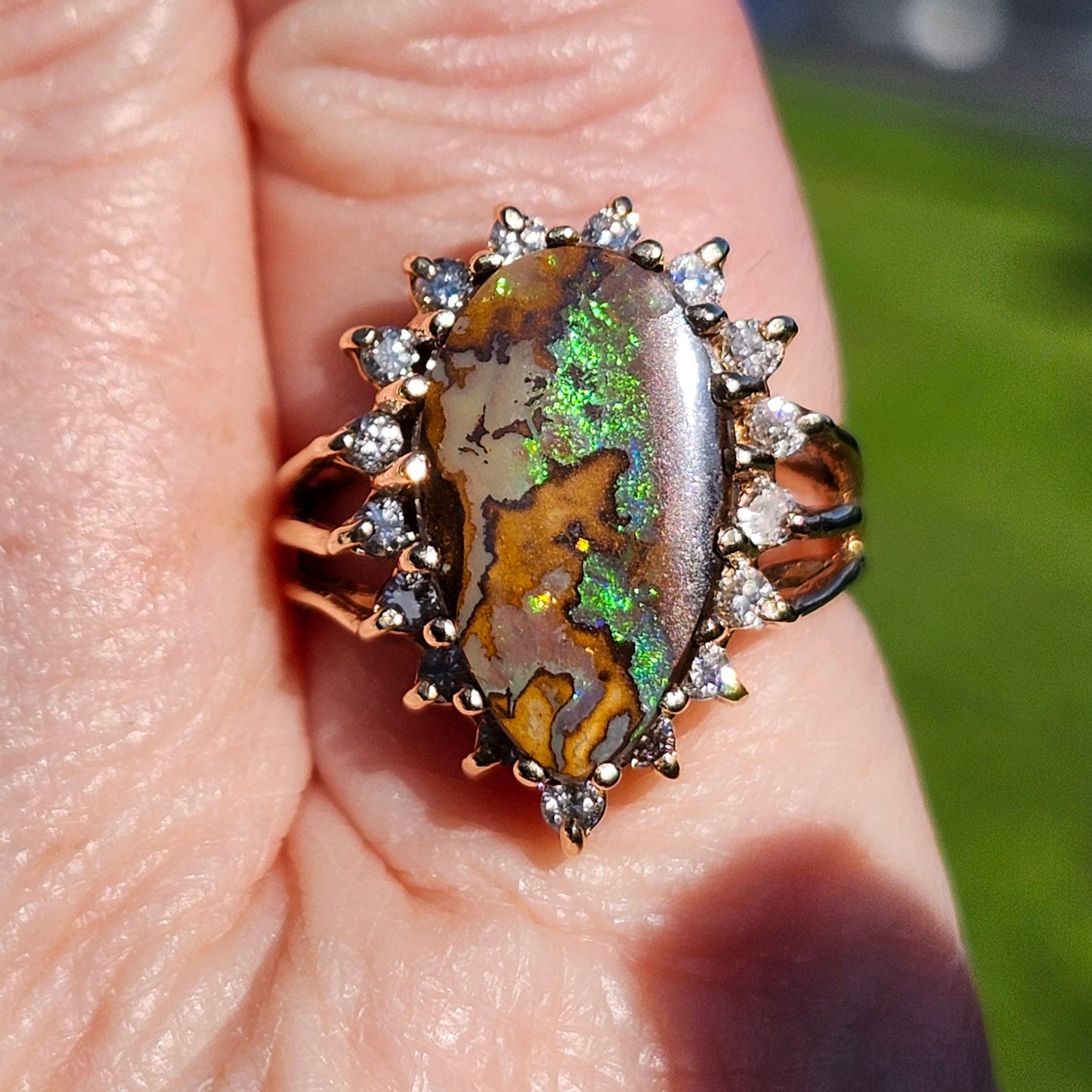 Clora | 10.89ct Koroit Boulder Opal and Diamond Ring | 14kt Yellow Gold