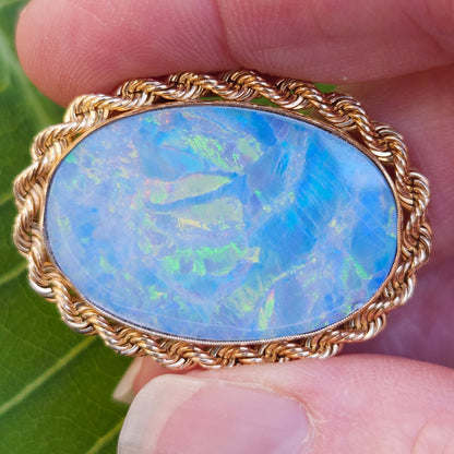 Rica | Lightning Ridge Australian Semi-Black Opal Doublet | Estate Pendant and Brooch/Pin | 14kt Yellow Gold