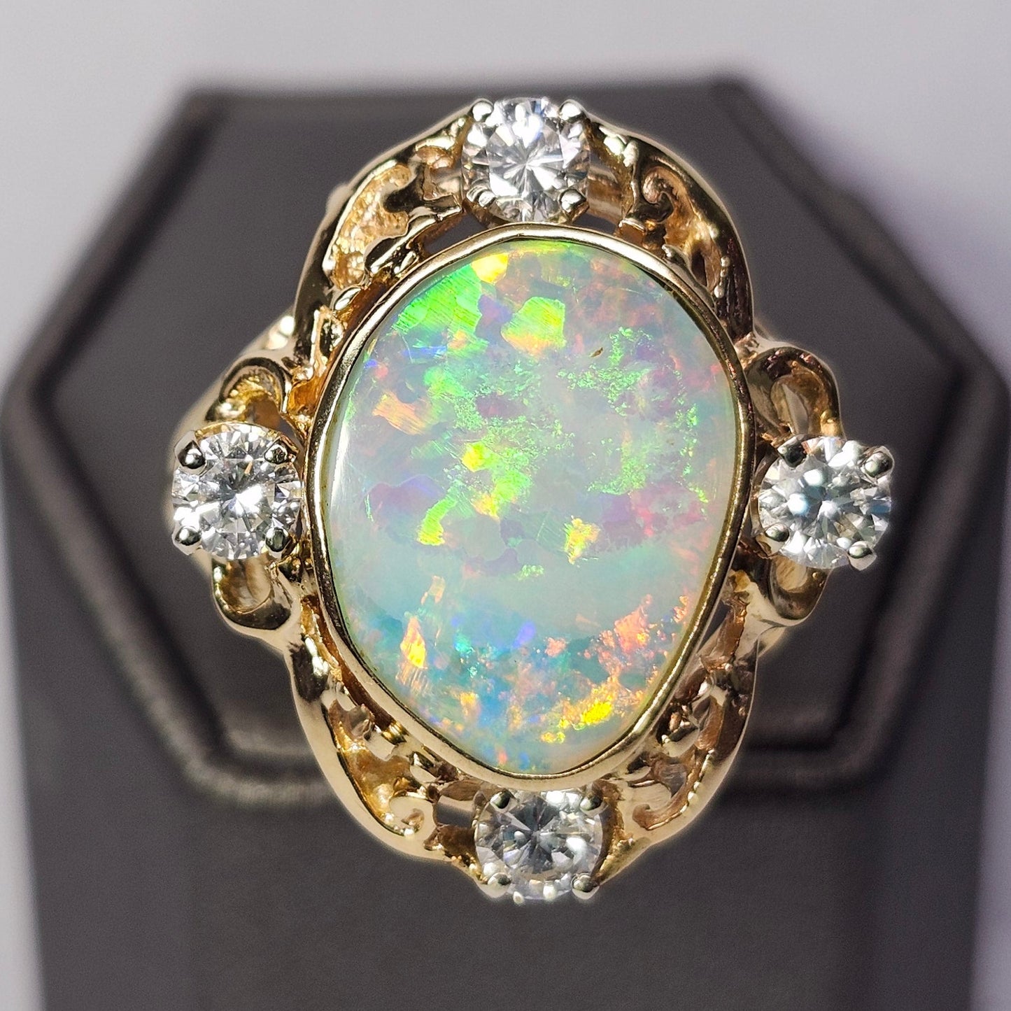 Claire | Coober Pedy Australian Crystal Opal & Diamond Ring | Estate | 14kt Yellow Gold