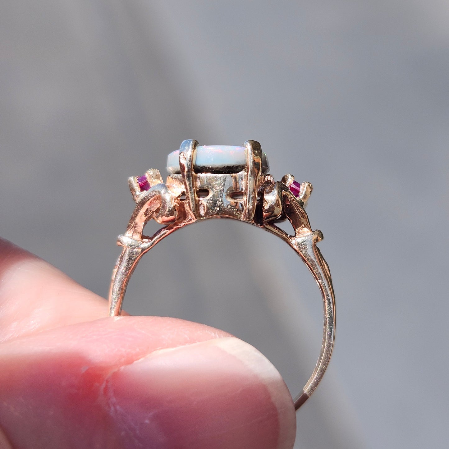Rosie | Lightning Ridge Semi-Black Australian Opal & Ruby Estate Ring | 10kt Yellow Gold
