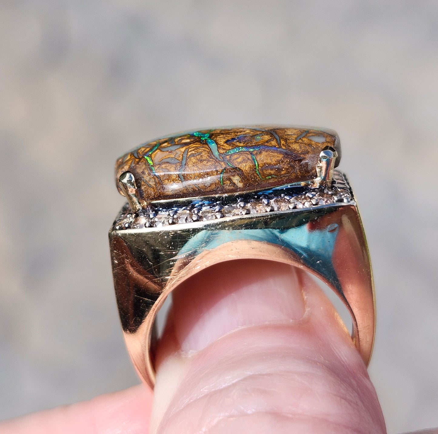 Harper | 11.82ct Koroit Boulder Opal and Diamond Ring | 14kt Yellow Gold