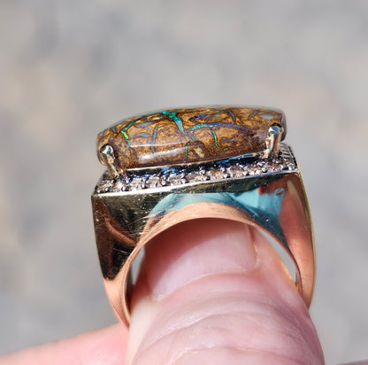 Harper | 11.82ct Koroit Boulder Opal and Diamond Ring | 14kt Yellow Gold