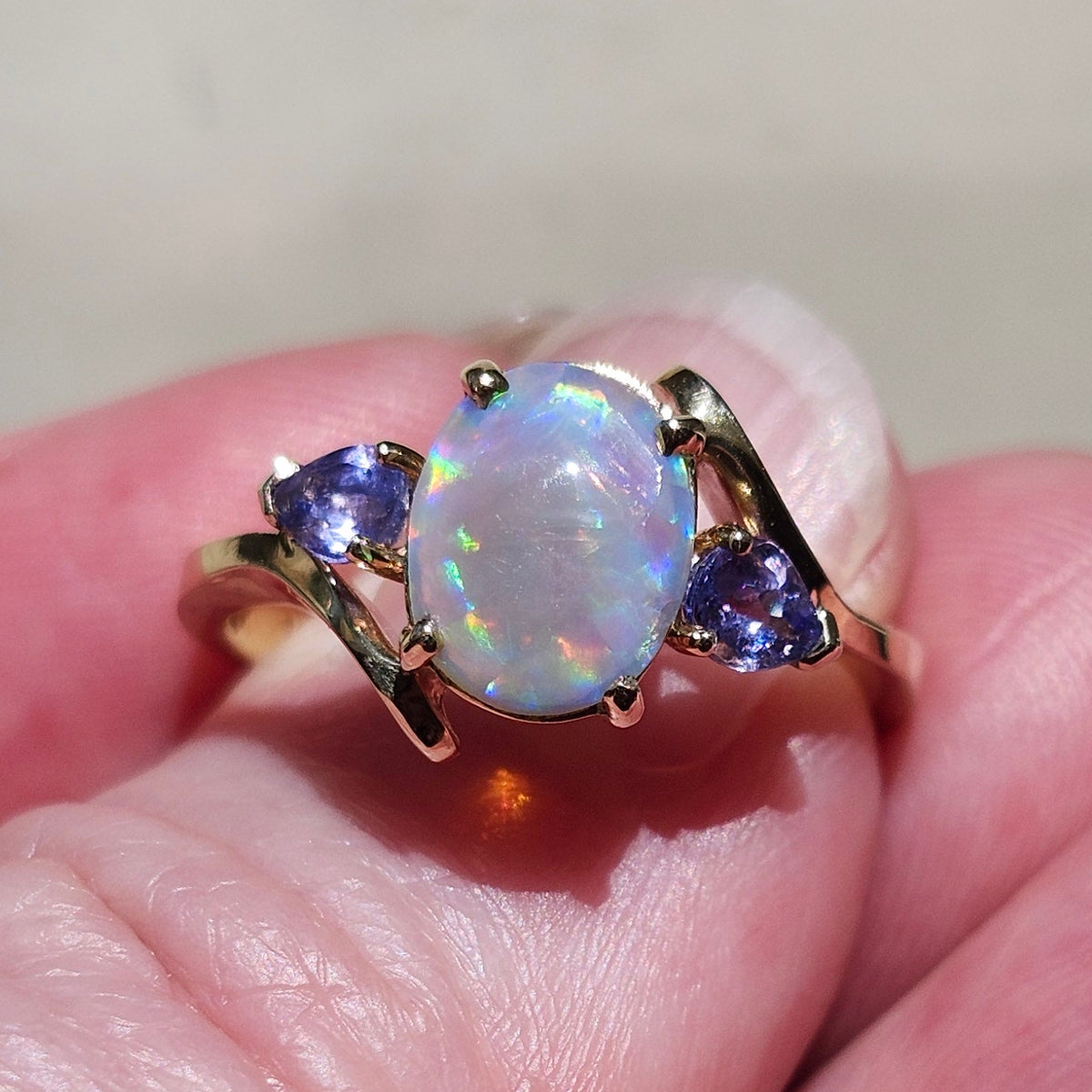 Roxa | Lightning Ridge Semi-Black Opal & Tanzanite Ring | 10kt Yellow Gold