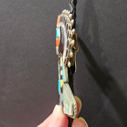 Vintage Zuni | Horned Headdress Inlay Bolo Tie | Sterling Silver