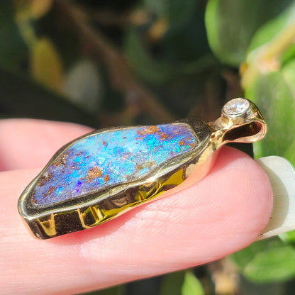 Ripa | Quilpie Queensland Boulder Opal and Diamond Pendant | Custom Made | 14kt Yellow Gold
