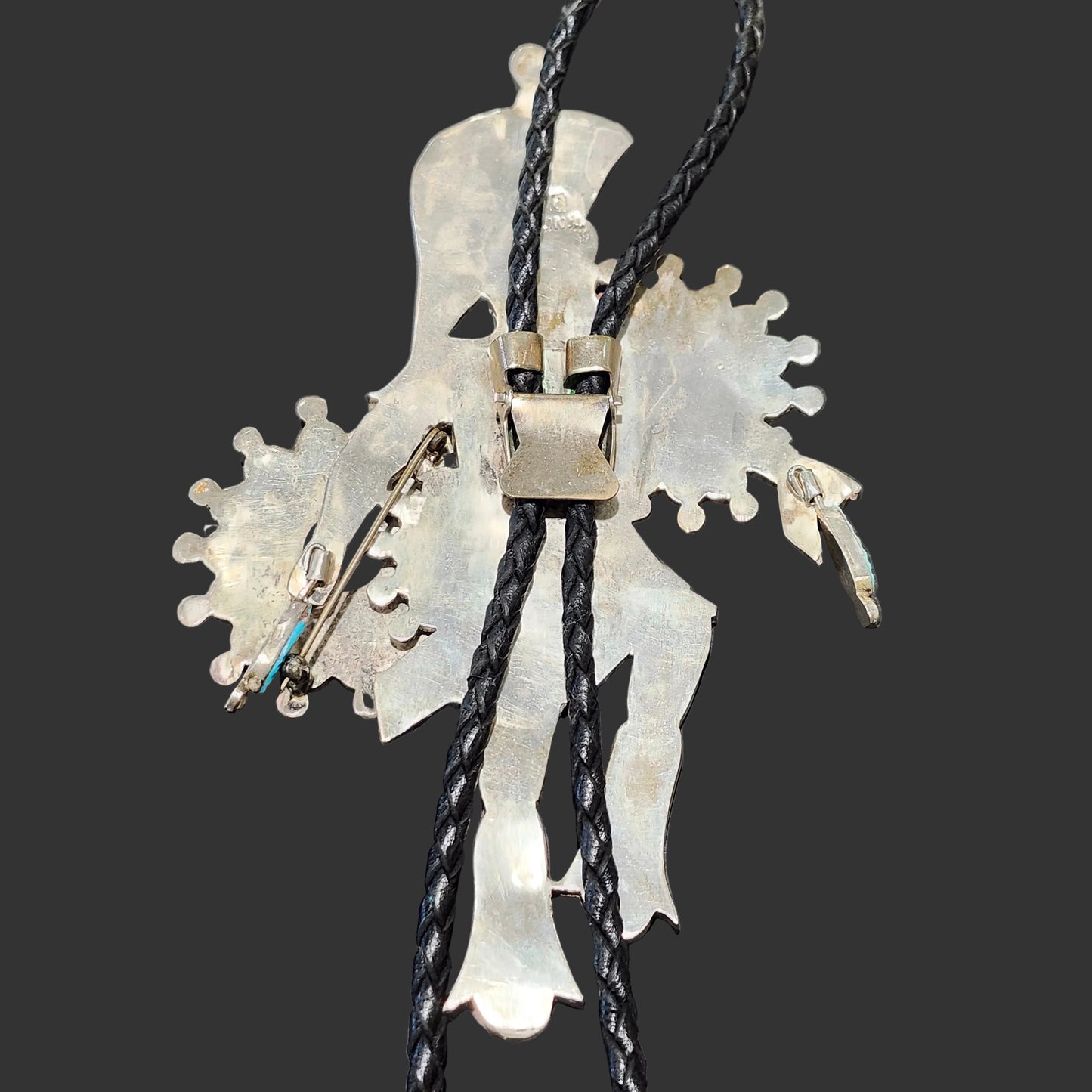 Zuni | Artist Edward Albert Beyuka | 1950's Dancer with Sun Shield Inlay Bolo Tie | Sterling Silver