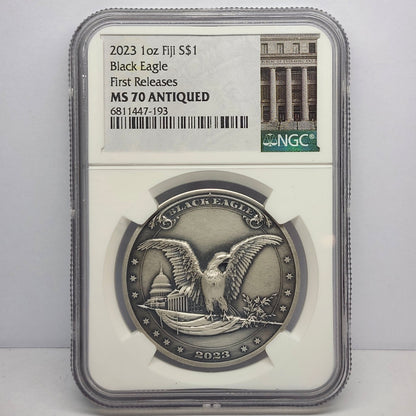 2023 Fiji MS70 ANTIQUED $1 Black Eagle Collectible Coin | Fine Silver | #8