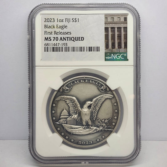 2023 Fiji MS70 ANTIQUED $1 Black Eagle Collectible Coin | Fine Silver | #8