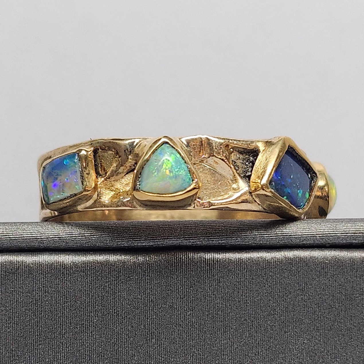 Quint | Australian Black and Semi-Black Opal Multi-Stone Band | Custom | 14kt Yellow Gold