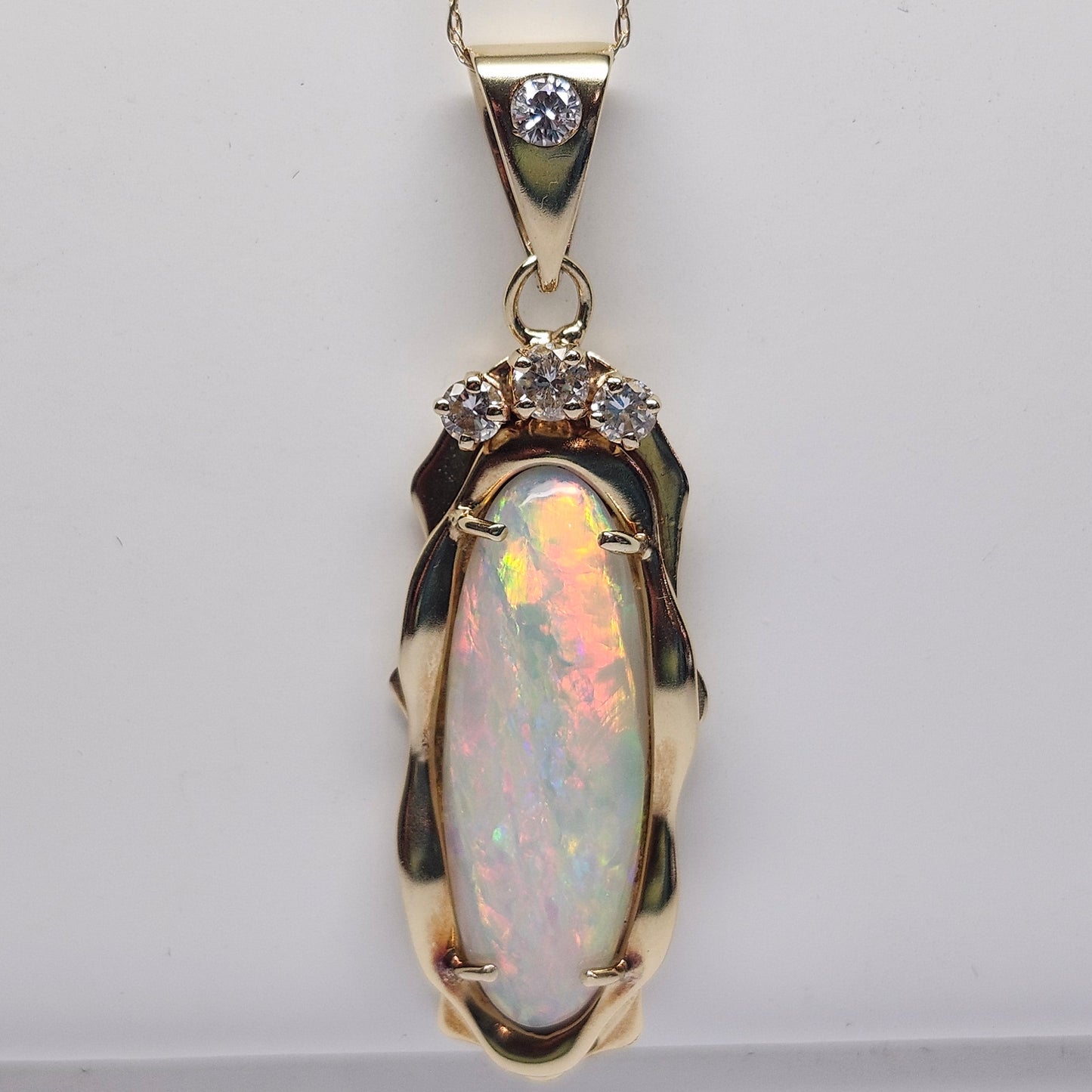 Florence | 6.86ct Coober Pedy Australian Crystal Opal and Diamond Pendant | Estate | 14kt Yellow Gold