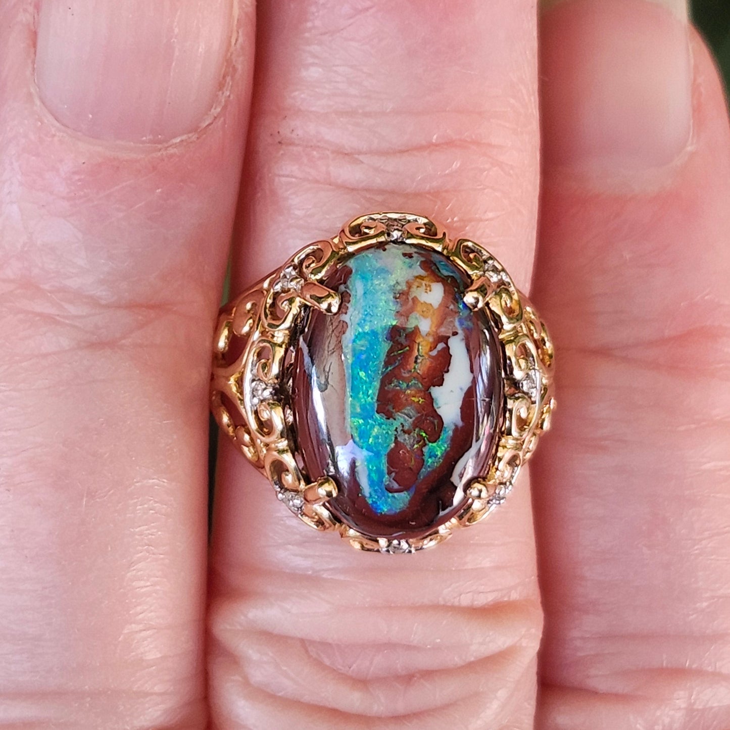 Arabella | Koroit Boulder Opal and Diamond Ring | Estate | 10kt Yellow Gold