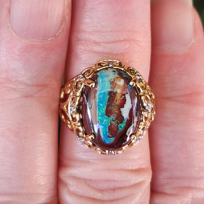 Arabella | Koroit Boulder Opal and Diamond Ring | Estate | 10kt Yellow Gold