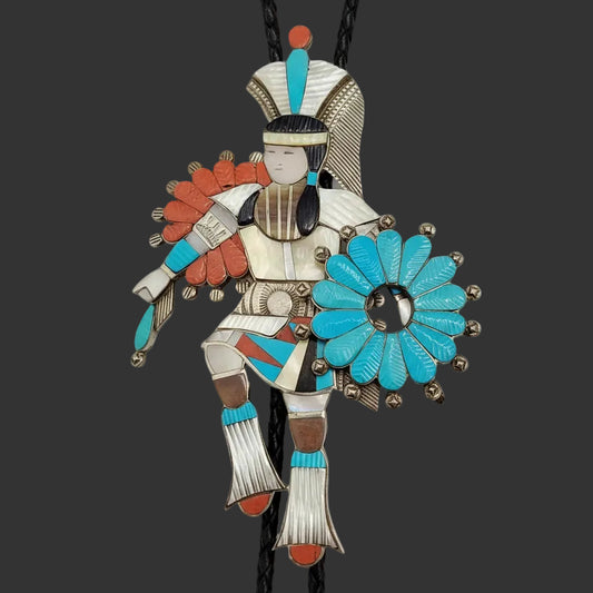 Zuni | Artist Edward Albert Beyuka | 1950's Dancer with Sun Shield Inlay Bolo Tie | Sterling Silver