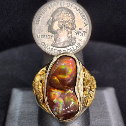 Rolling Fire | Men's 31.35 Gram Fire Agate and Gold Nugget Ring | 14kt