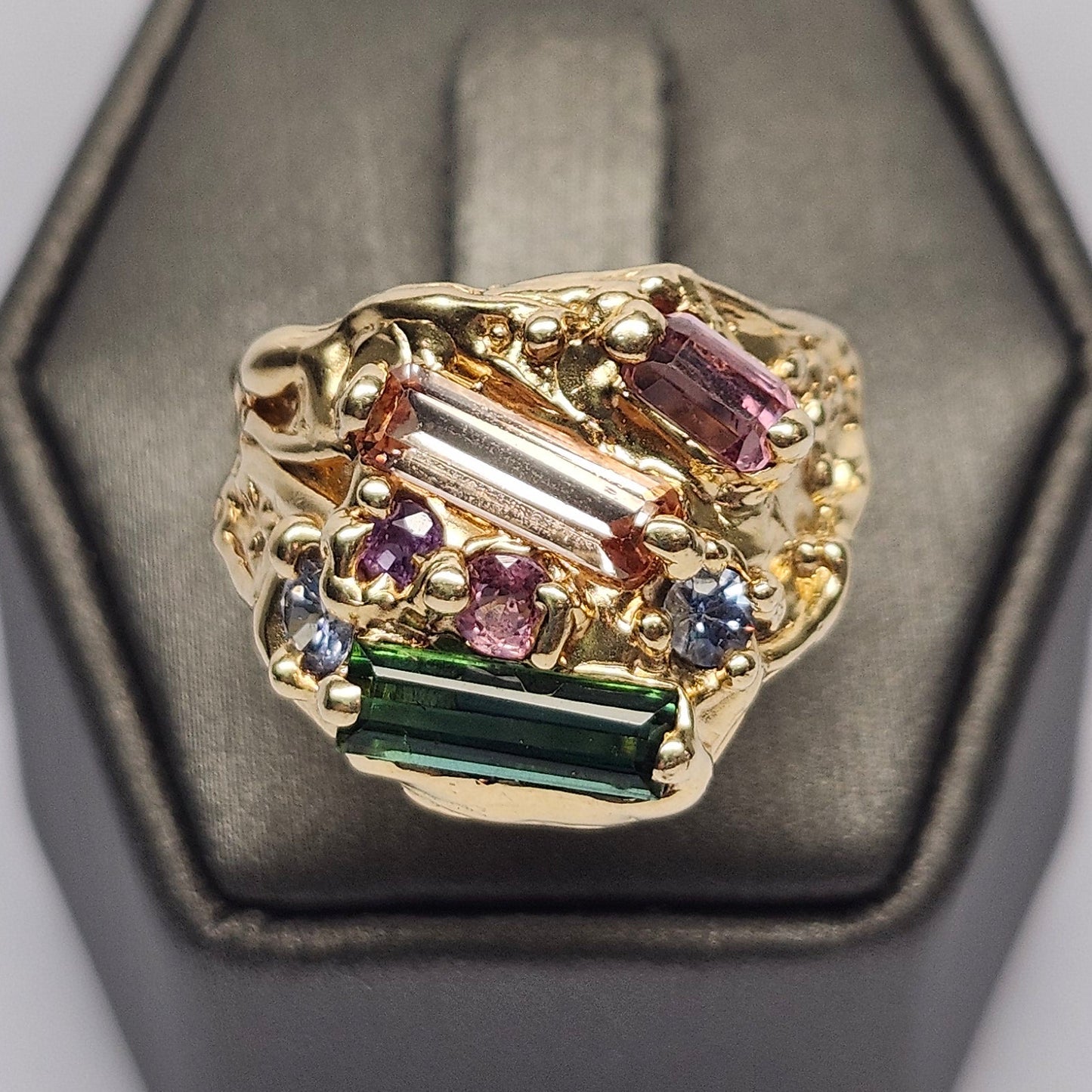 Tourmaline Trio & Spinel Custom Ring | 14kt Yellow Gold