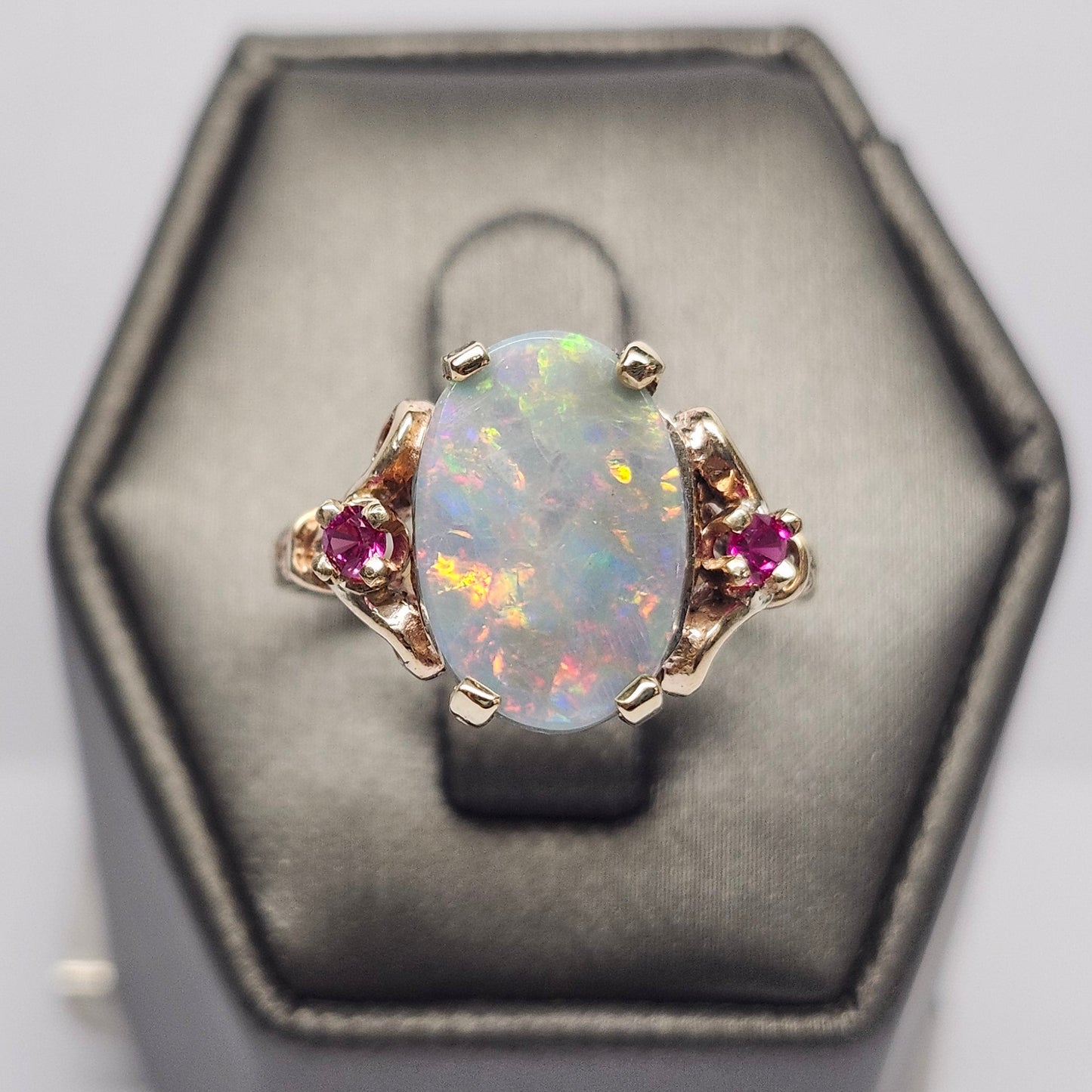 Rosie | Lightning Ridge Semi-Black Australian Opal & Ruby Estate Ring | 10kt Yellow Gold