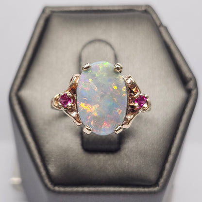 Rosie | Lightning Ridge Semi-Black Australian Opal & Ruby Estate Ring | 10kt Yellow Gold