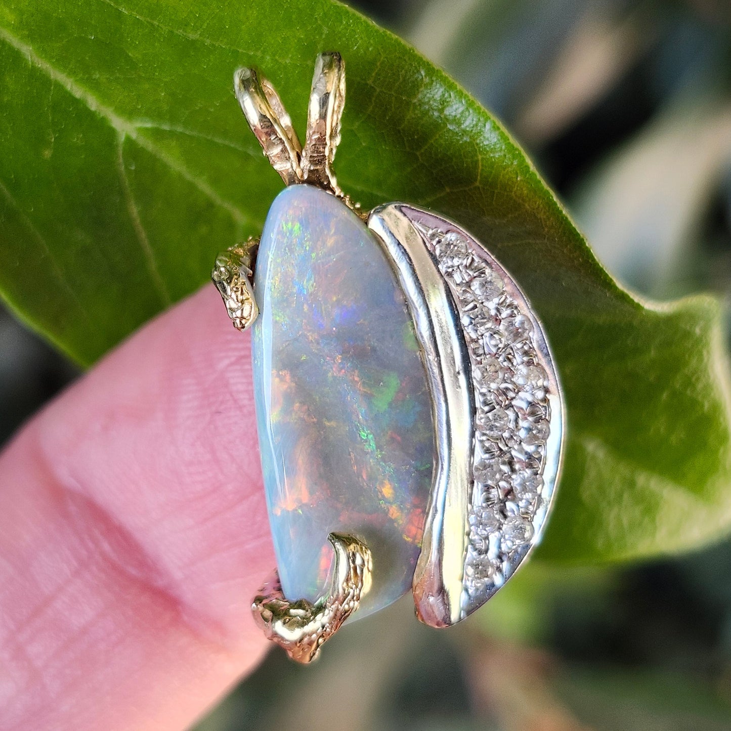 Luna | Lightning Ridge Semi-Black Opal and Diamond Pendant | Two Tone Custom Made | 14kt