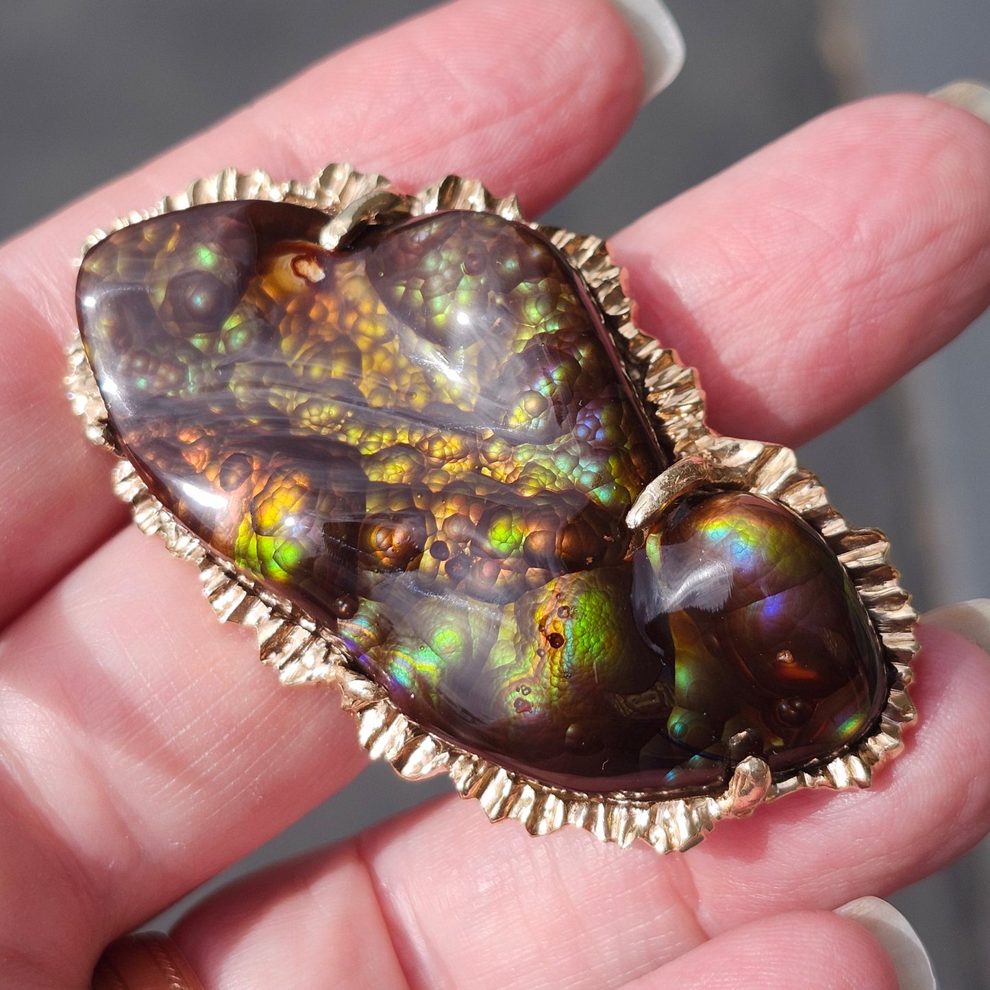 97.57ct Mexican Fire Agate Pendant | Custom Carved Cabochon | 14kt Yellow Gold