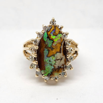 Clora | 10.89ct Koroit Boulder Opal and Diamond Ring | 14kt Yellow Gold