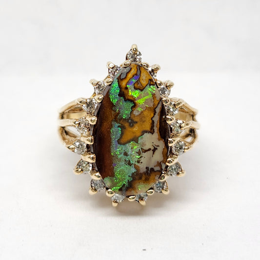 Clora | 10.89ct Koroit Boulder Opal and Diamond Ring | 14kt Yellow Gold