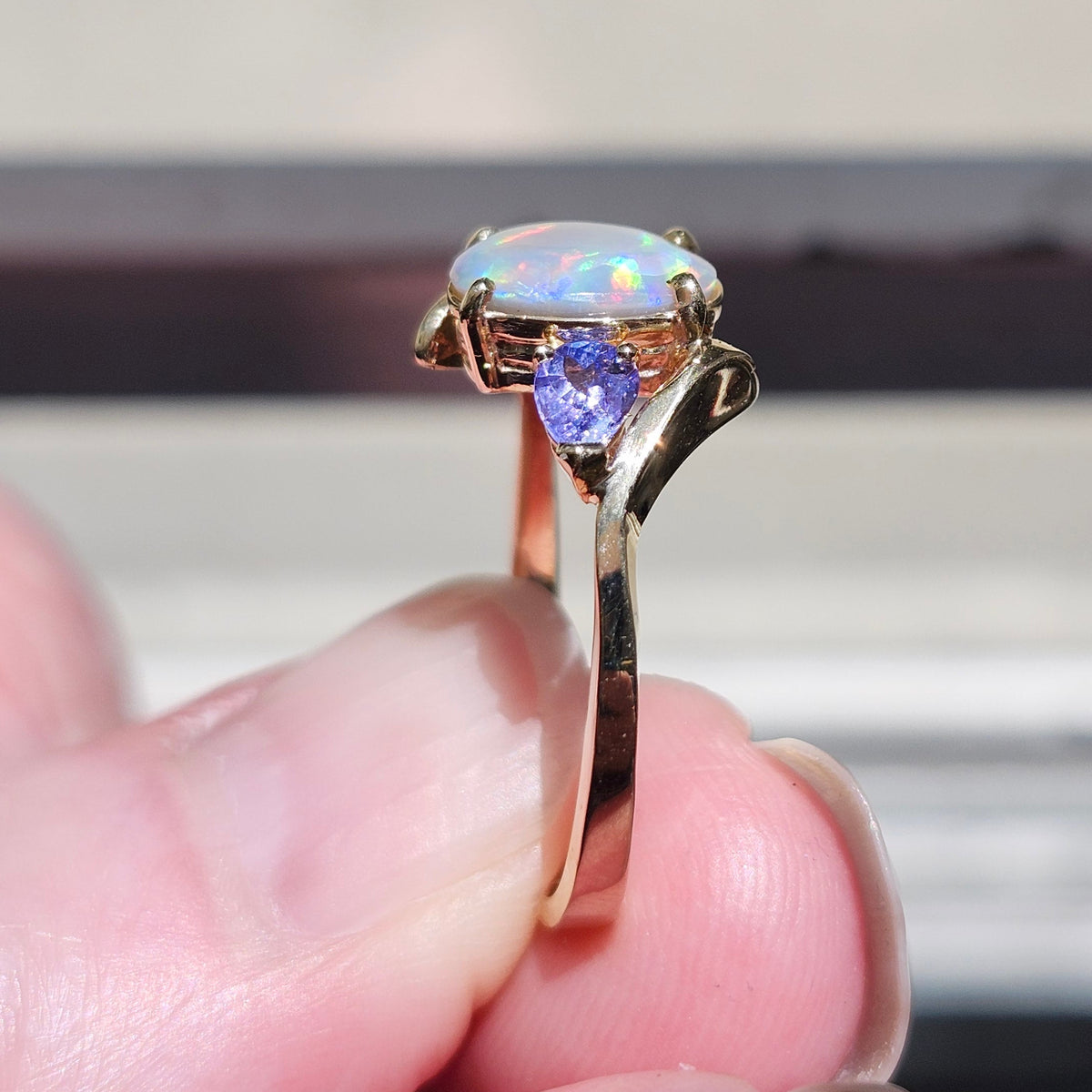 Roxa | Lightning Ridge Semi-Black Opal & Tanzanite Ring | 10kt Yellow Gold