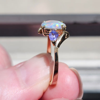 Roxa | Lightning Ridge Semi-Black Opal & Tanzanite Ring | 10kt Yellow Gold